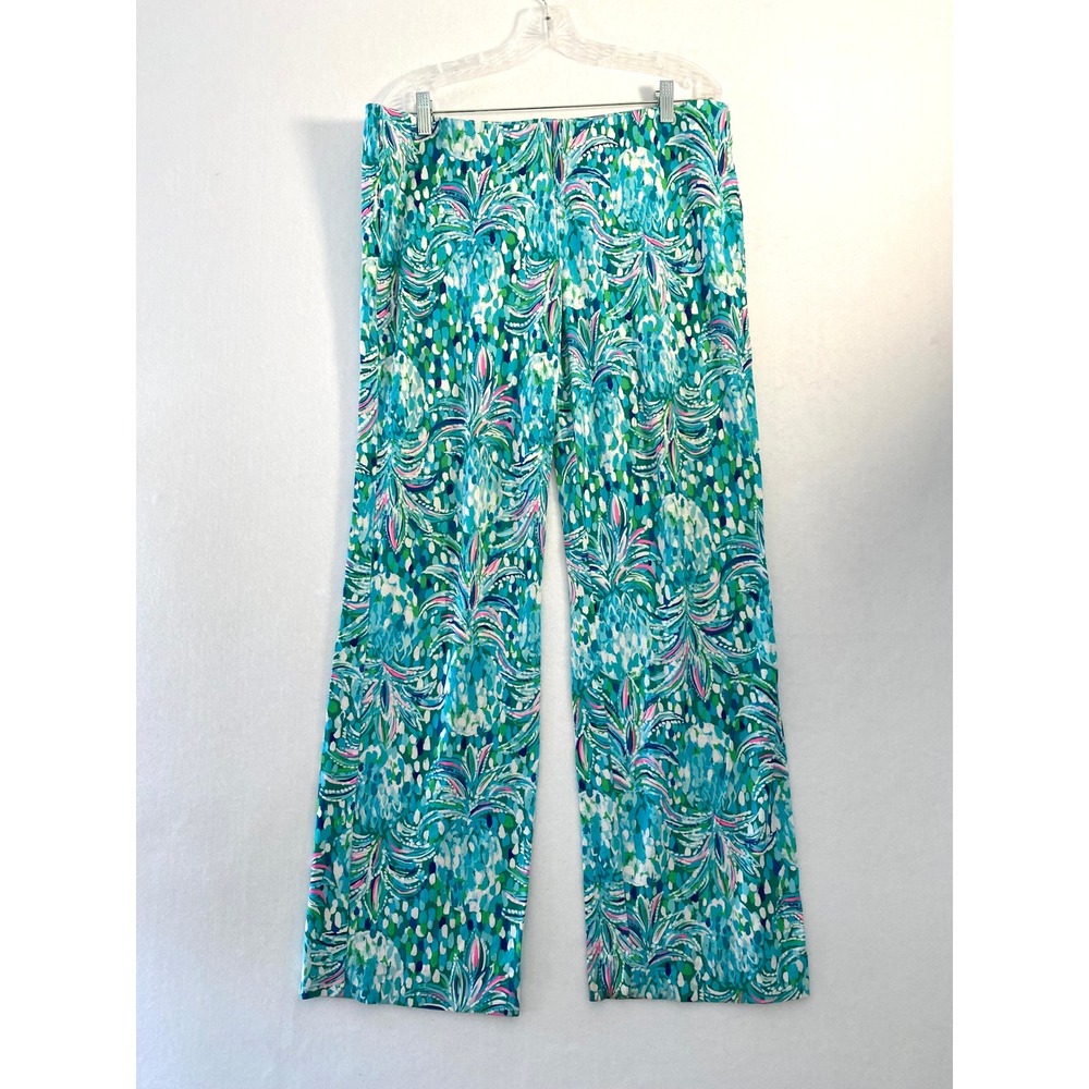 Lilly Pulitzer Blue Green Pineapple Print Wide Leg Knit Pants XL Tropical Resort